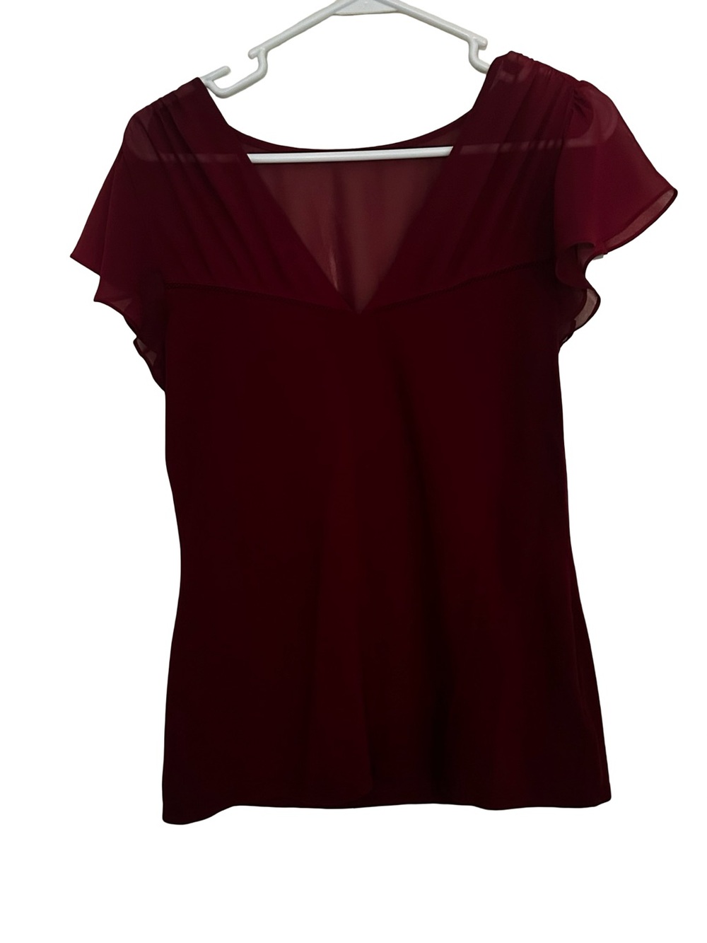 Express Burgundy Sheer Flutter Sleeve V-Neck Top